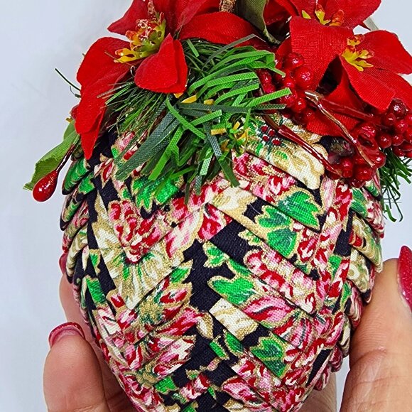 VTG Huge Handmade Herringbone Cloth Navy Pink Gold Christmas Holiday Ornament - Picture 7 of 12